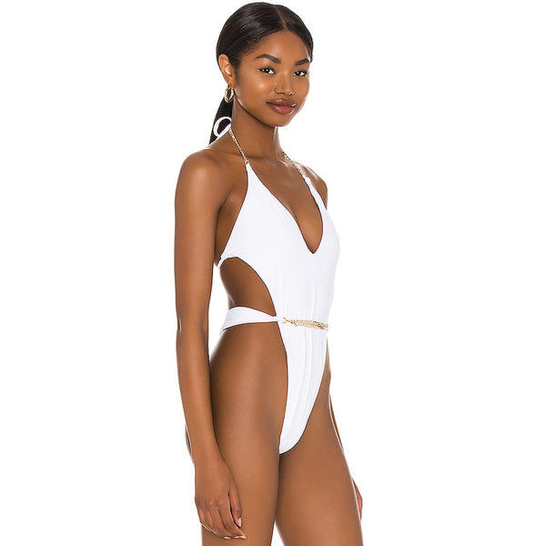 Chain Strappy High Cut Deep V Low Back Brazilian One Piece