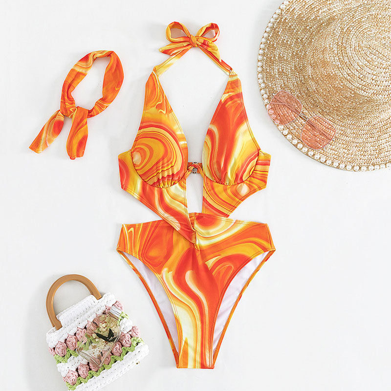 Abstract Print Twist Cutout Underwire Monokini Brazilian One Piece Swimsuit