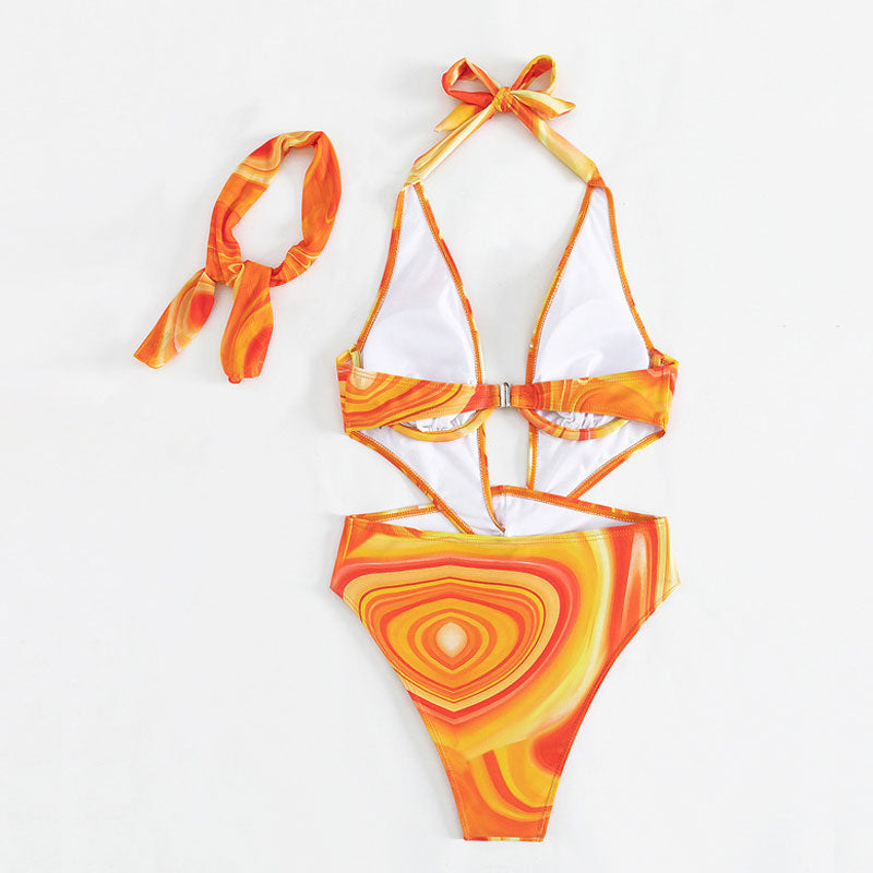 Abstract Print Twist Cutout Underwire Monokini Brazilian One Piece Swimsuit