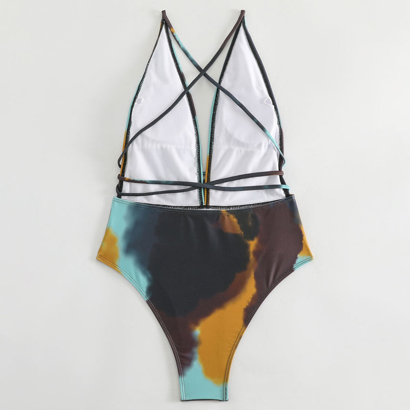 Artistic Tie Dye Warp Strappy Plunge V Low Back Brazilian One Piece Swimsuit