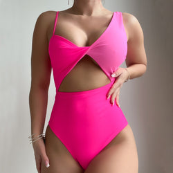 Asymmetric Color Block Twist Front Cheeky Cut Out Brazilian One Piece Swimsuit