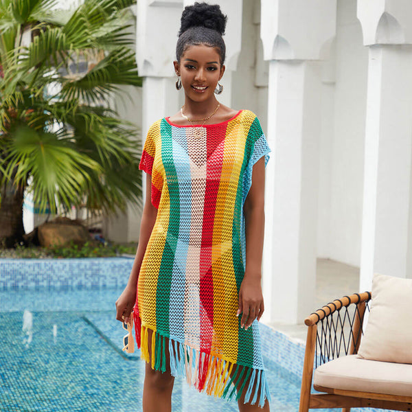 Asymmetrical Fringe Open Knit Crochet Rainbow Stripe Beach Cover Up