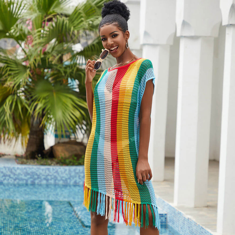 Asymmetrical Fringe Open Knit Crochet Rainbow Stripe Beach Cover Up