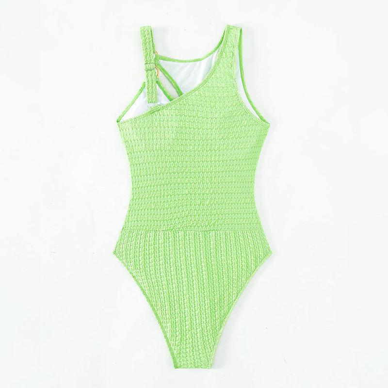 Asymmetrical O Ring Moderated Cutout Crinkled Brazilian One Piece Swimsuit