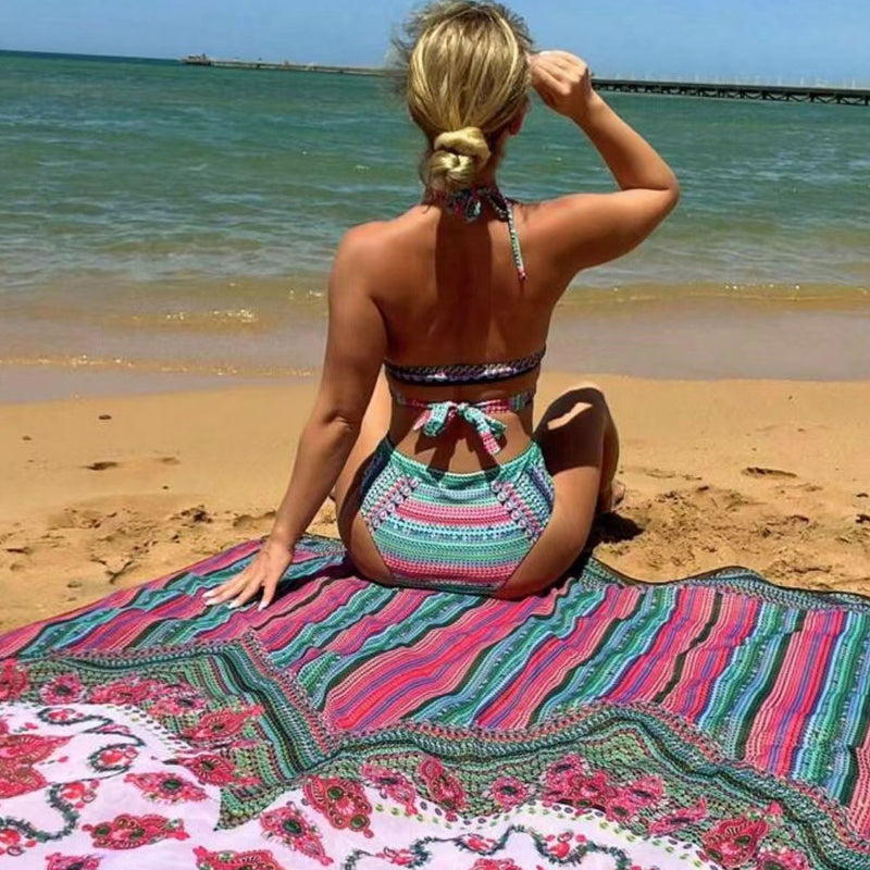 Baroque Printed Mid Rise Halter Wrap Brazilian Three Piece Bikini Swimsuit