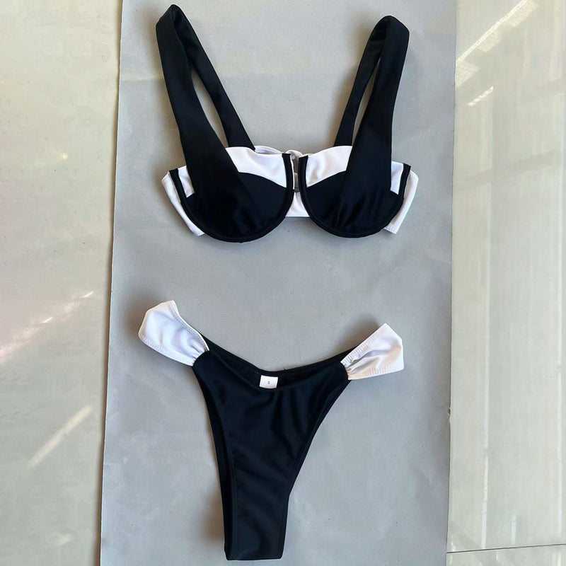 Black and White High Cut Cheeky Balconette Brazilian Two Piece Bikini Swimsuit