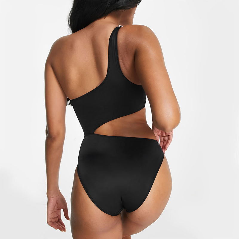 Black and White Moderate Cutout One Shoulder Brazilian One Piece Swimsuit