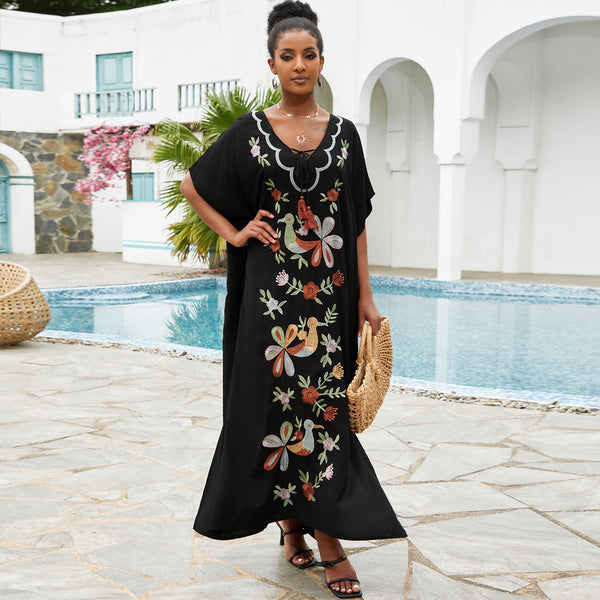 Boho Bird Embroidered Lace Up V Neck Brazilian Caftan Cover Up Maxi Dress