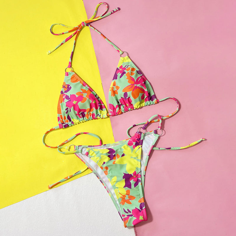 Boho Floral O Ring String Cheeky Triangle Brazilian Two Piece Bikini Swimsuit