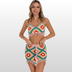 Boho Granny Square Crochet Knit Shell Trim Bralette Brazilian Two Piece Cover Up