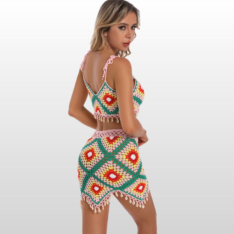 Boho Granny Square Crochet Knit Shell Trim Bralette Brazilian Two Piece Cover Up