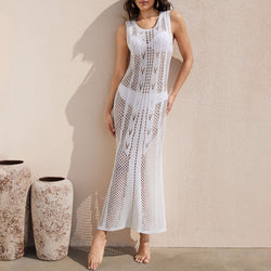 Boho Round Neck Sleeveless Crochet Knit Split Brazilian Cover Up Maxi Dress