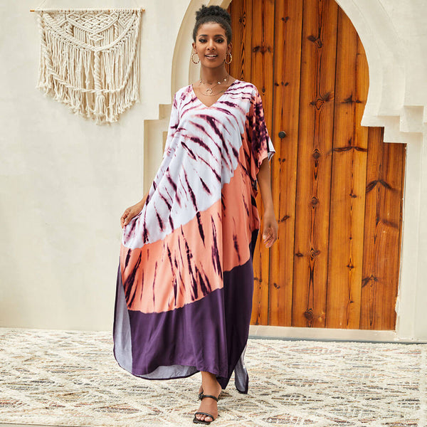 Breezy Color Block Tie Dye Split Brazilian Caftan Beach Cover Up Maxi Dress