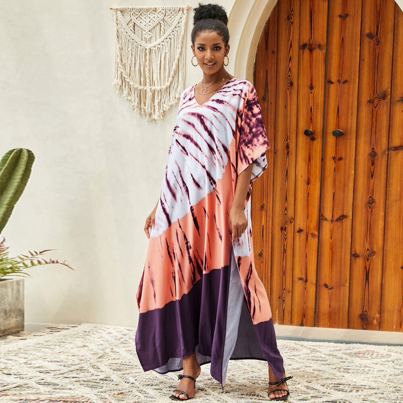 Breezy Color Block Tie Dye Split Brazilian Caftan Beach Cover Up Maxi Dress