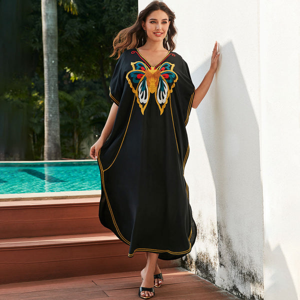 Butterfly Embroidered V Neck Short Sleeve Split Caftan Beach Cover Up