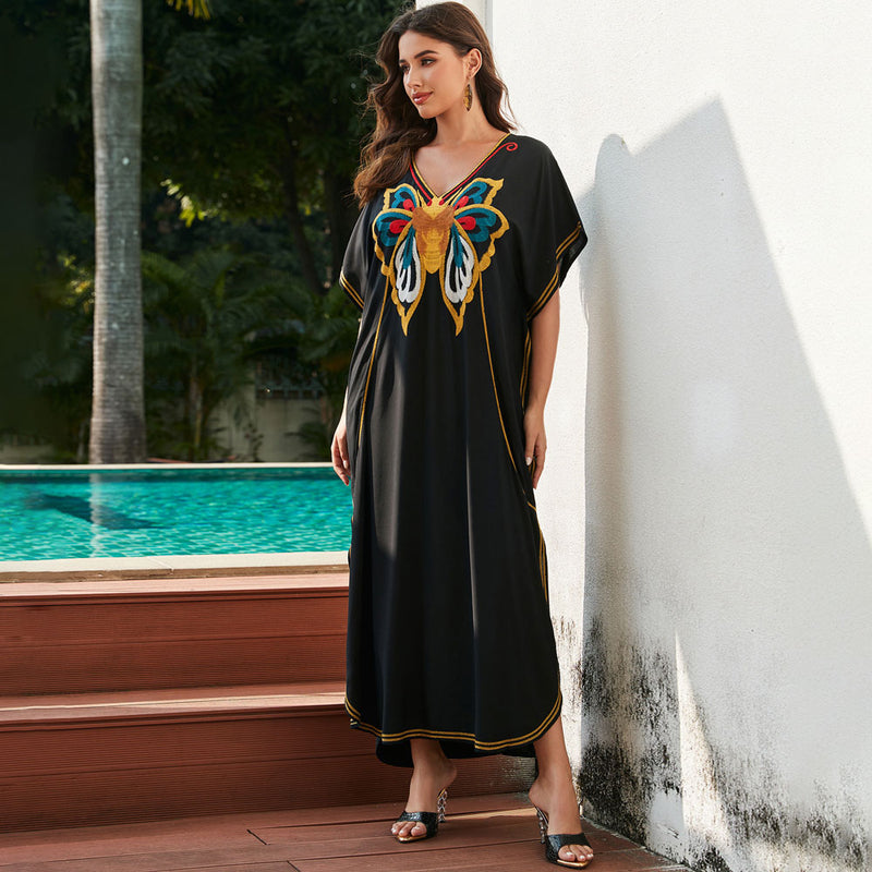 Butterfly Embroidered V Neck Short Sleeve Split Caftan Beach Cover Up