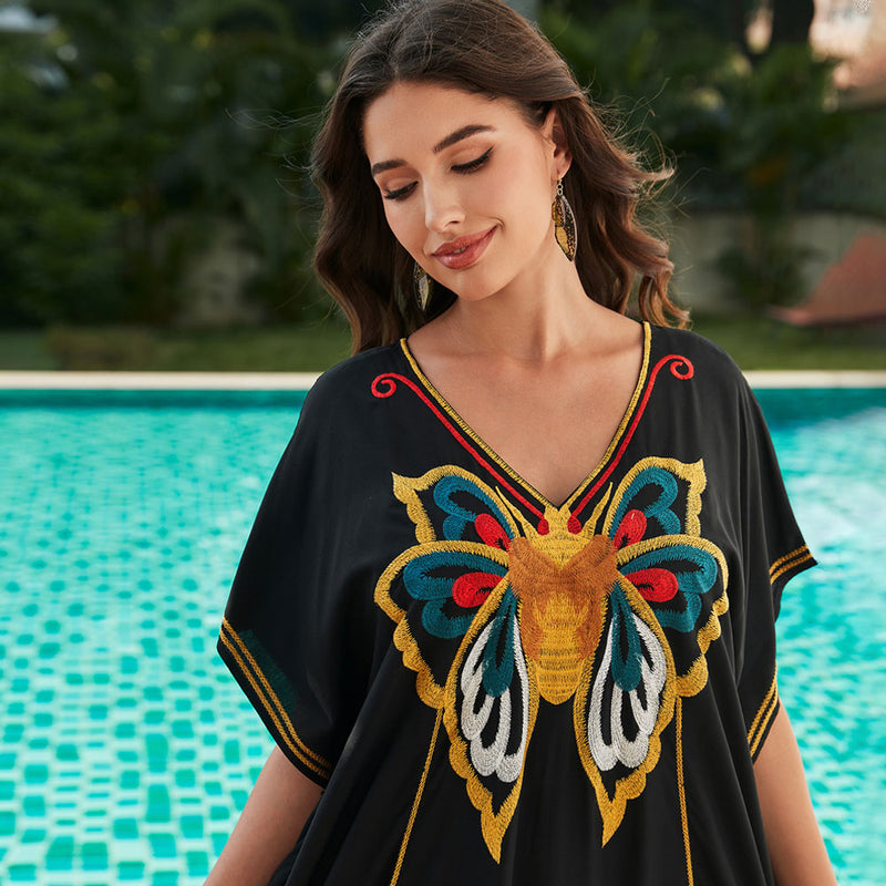 Butterfly Embroidered V Neck Short Sleeve Split Caftan Beach Cover Up