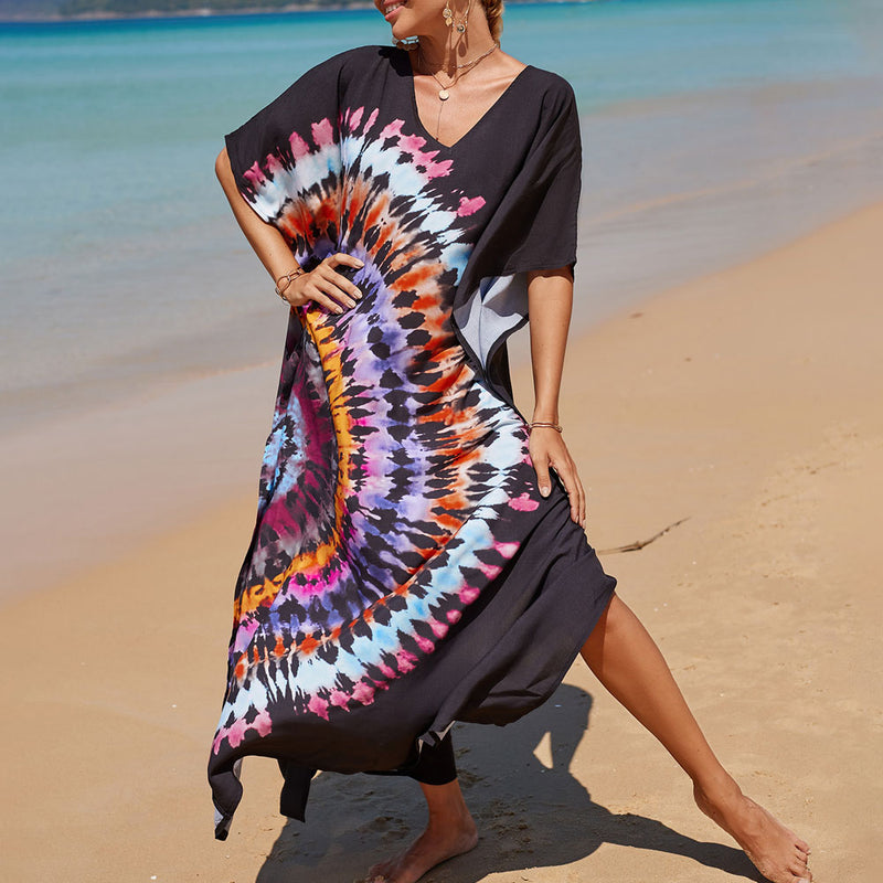 Colorful Abstract Print V Neck Short Sleeve Brazilian Beach Split Caftan Cover Up