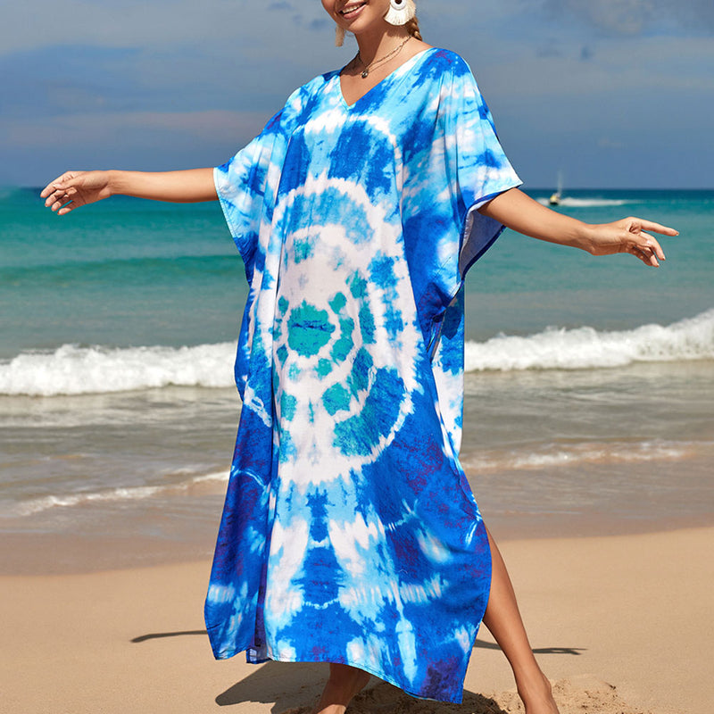 Colorful Abstract Print V Neck Short Sleeve Brazilian Beach Split Caftan Cover Up