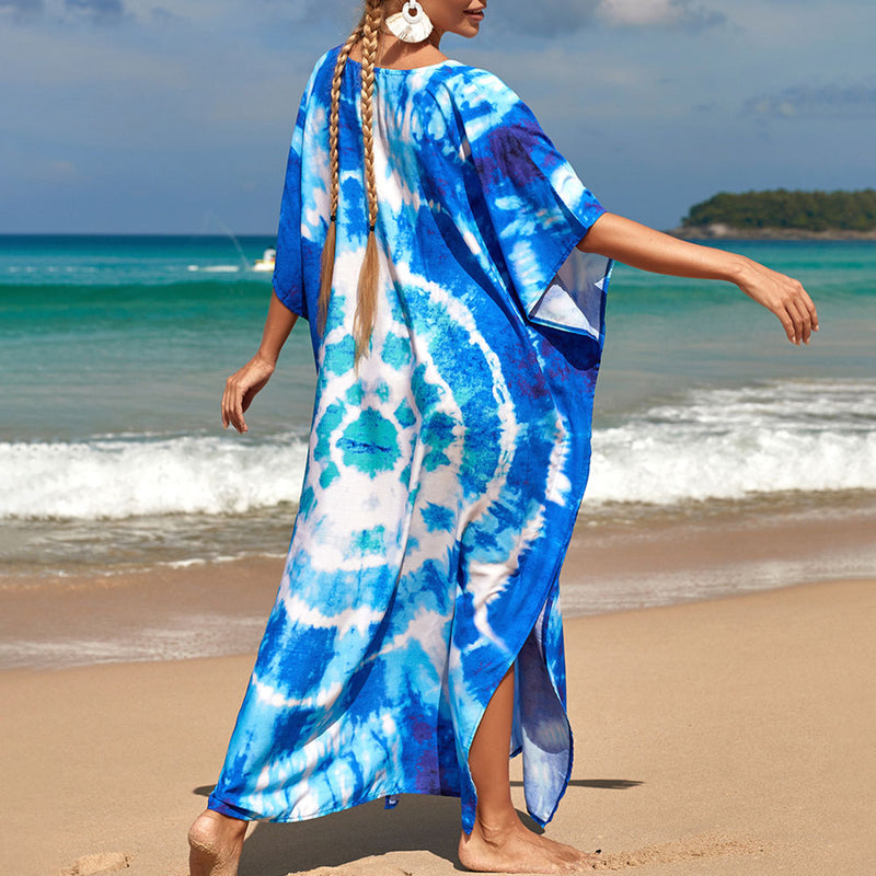 Colorful Abstract Print V Neck Short Sleeve Brazilian Beach Split Caftan Cover Up