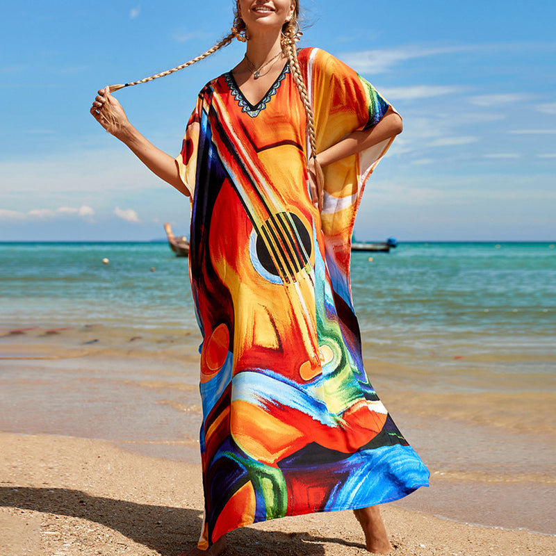 Colorful Abstract Print V Neck Short Sleeve Brazilian Beach Split Caftan Cover Up