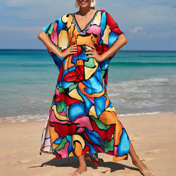 Colorful Abstract Print V Neck Short Sleeve Brazilian Beach Split Caftan Cover Up