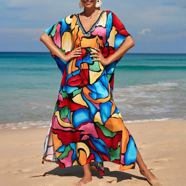 Colorful Abstract Print V Neck Short Sleeve Brazilian Beach Split Caftan Cover Up