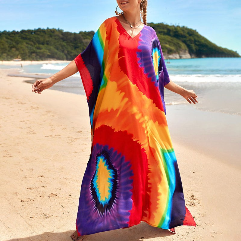 Colorful Abstract Print V Neck Short Sleeve Brazilian Beach Split Caftan Cover Up