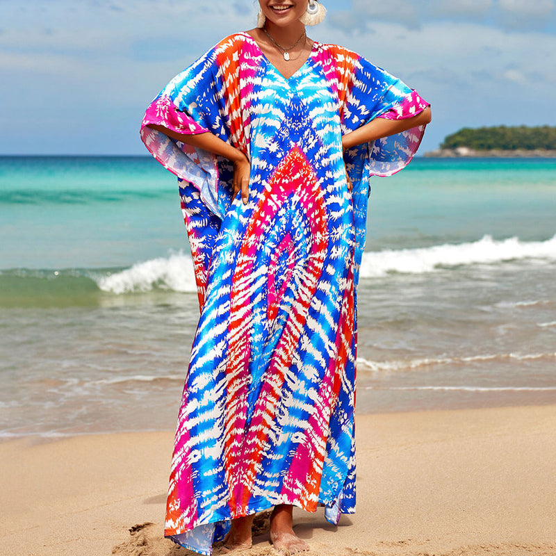 Colorful Abstract Print V Neck Short Sleeve Brazilian Beach Split Caftan Cover Up