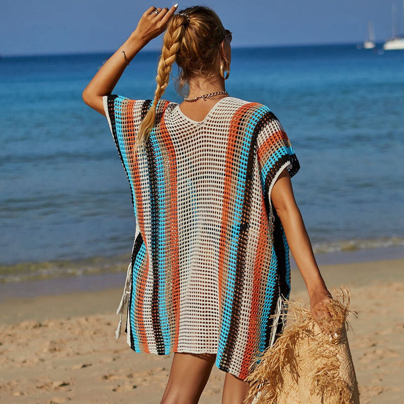 Colorful Striped Lace Up Split Semi Sheer Crochet Brazilian Beach Tunic Cover Up