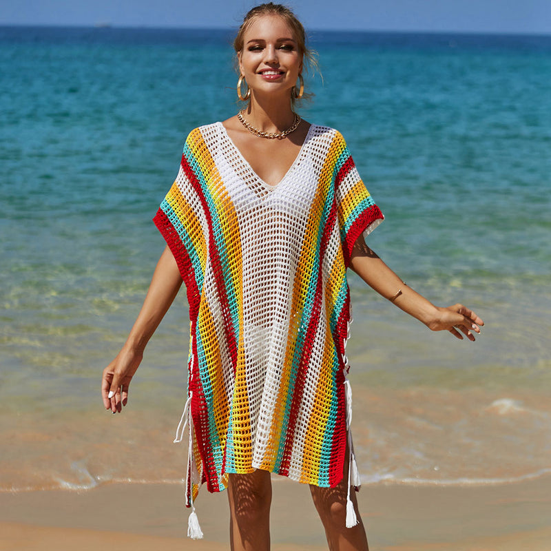 Colorful Striped Lace Up Split Semi Sheer Crochet Brazilian Beach Tunic Cover Up