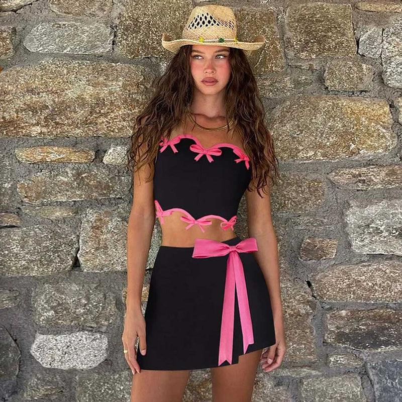 Contrast Black and Hot Pink Bow Tie High Waist Bodycon Cover Up Mini Skirt