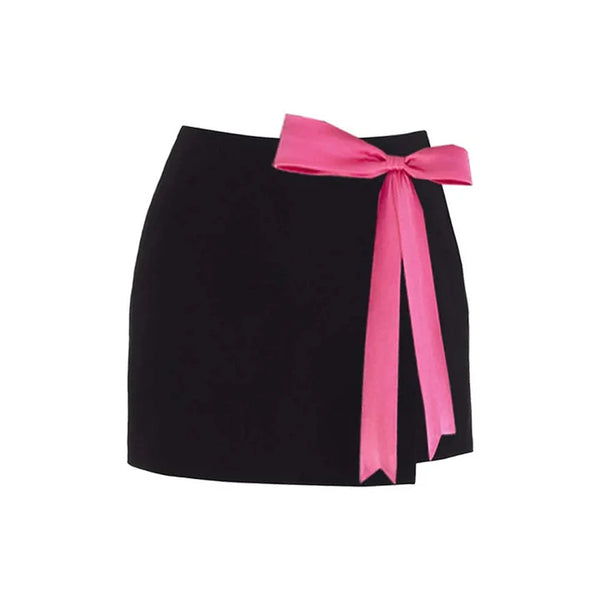 Contrast Black and Hot Pink Bow Tie High Waist Bodycon Cover Up Mini Skirt