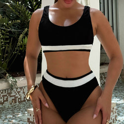 Contrast Ribbed Hgih Waist Tie Back Crop Brazilian Two Piece Bikini Swimsuit