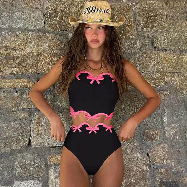 Cute Bow Scalloped High Waist Cami Crop Brazilian Two Piece Bikini Swimsuit