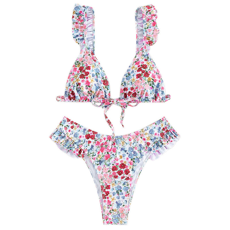 Cute Ruffle Bow Tie Front Ditsy Floral Triangle Brazilian Two Piece Bikini Swimsuit