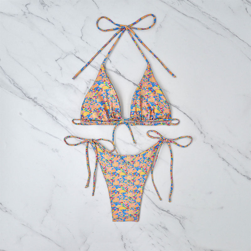 Daisy Floral Tie String Cheeky Slide Triangle Brazilian Two Piece Bikini Swimsuit