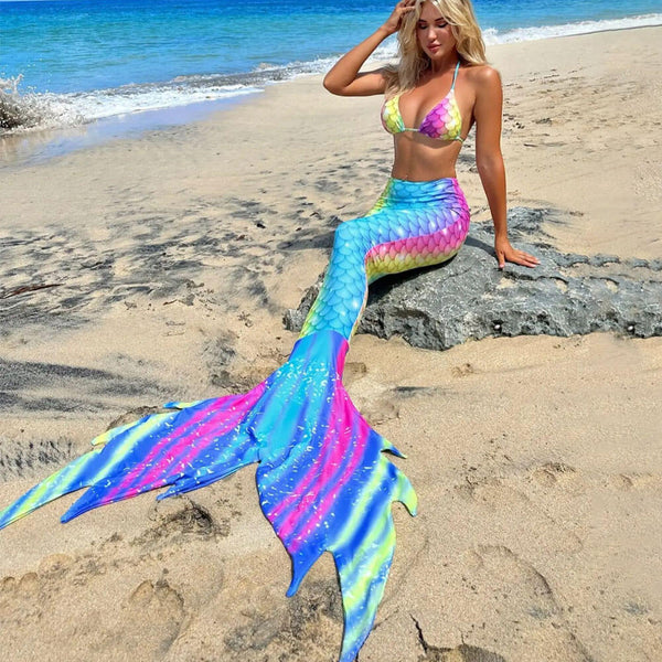 Dreamy Mermaid Tail Printed Cheeky Triangle Brazilian Three Piece Bikini Swimsuit