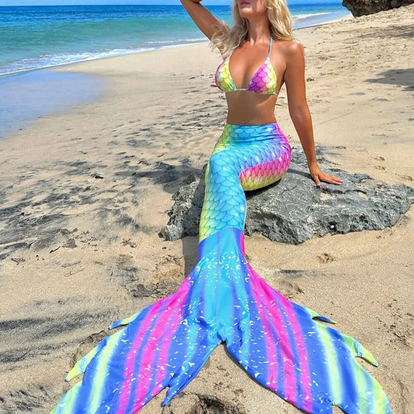 Dreamy Mermaid Tail Printed Cheeky Triangle Brazilian Three Piece Bikini Swimsuit