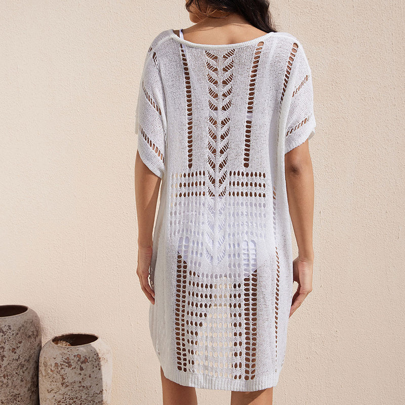 Elegant Scoop Neck Short Sleeve Open Knit Brazilian Crochet Cover Up Mini Dress