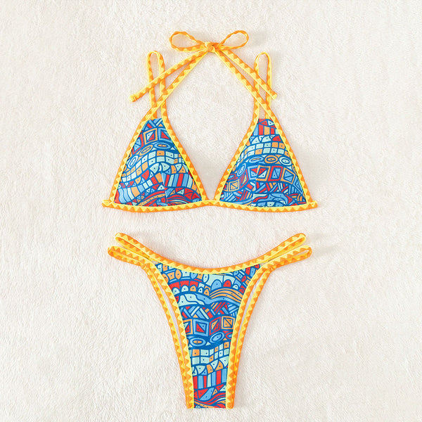 Ethnic Printed Crochet Double String Triangle Brazilian Two Piece Bikini Swimsuit