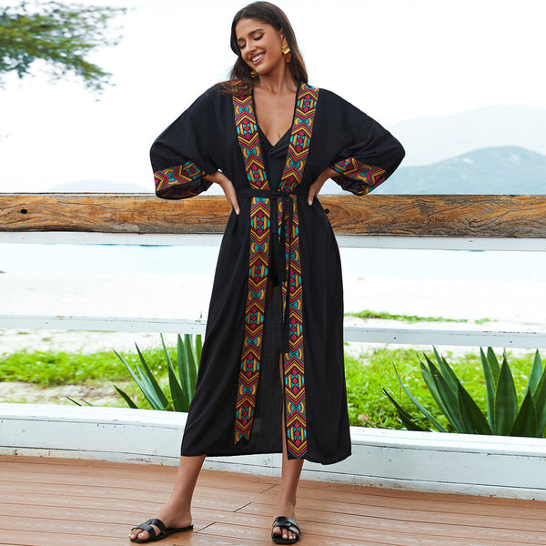 Exotic Floral Embroidered Open Front Belted Wide Sleeve Caftan Beach Cover Up