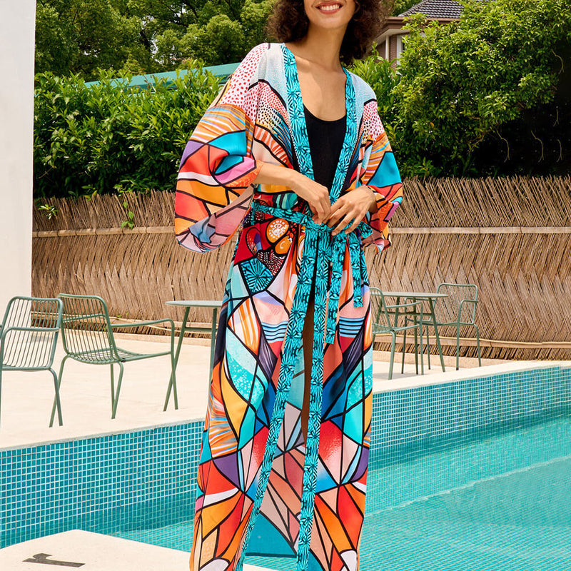 Fabulous Printed Contrast Trim Belted Kimono Sleeve Brazilian Duster Cover Up