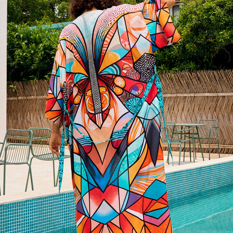 Fabulous Printed Contrast Trim Belted Kimono Sleeve Brazilian Duster Cover Up