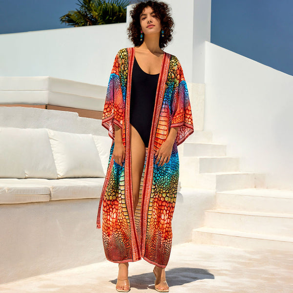 Fabulous Printed Contrast Trim Belted Kimono Sleeve Brazilian Duster Cover Up