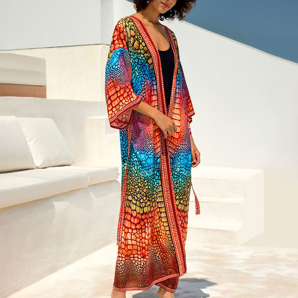 Fabulous Printed Contrast Trim Belted Kimono Sleeve Brazilian Duster Cover Up