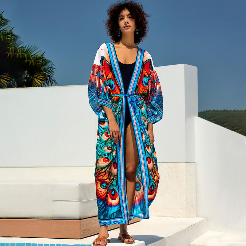 Fabulous Printed Contrast Trim Belted Kimono Sleeve Brazilian Duster Cover Up