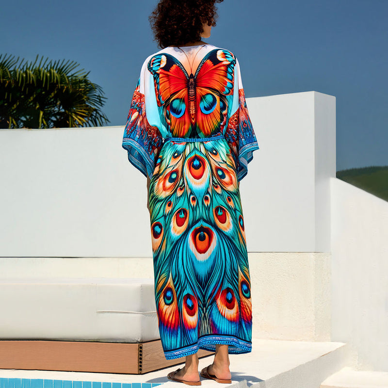 Fabulous Printed Contrast Trim Belted Kimono Sleeve Brazilian Duster Cover Up