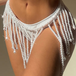 Flowy Faux Pearl Fringe Low Waist Brazilian Beach Belly Chain Cover Up