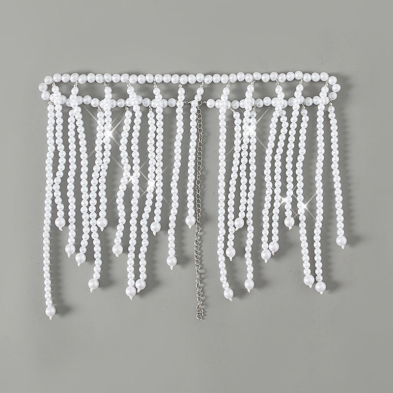 Flowy Faux Pearl Fringe Low Waist Brazilian Beach Belly Chain Cover Up